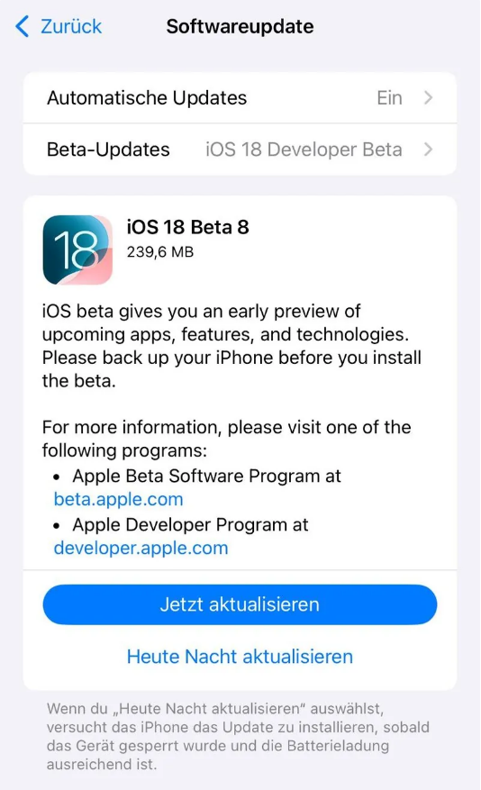 海拉尔苹果手机维修分享苹果 iOS / iPadOS 18 开发者预览版 Beta 8 发布 